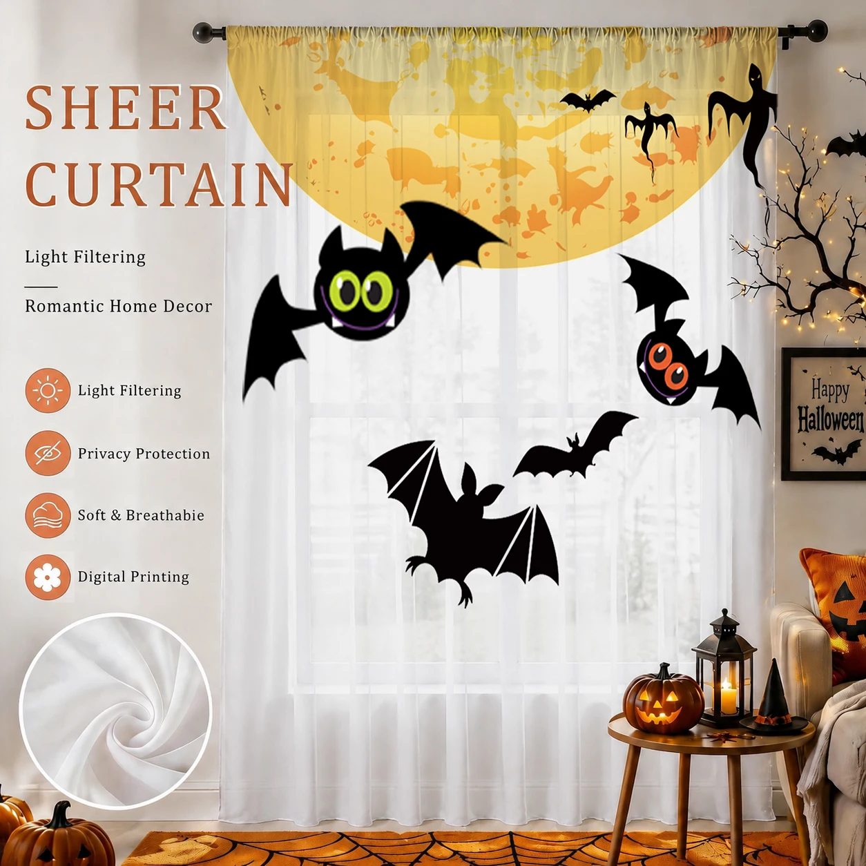 Curtain Sheer Voile - Przezroczysta zasłona gradientowa na Halloween, wysokiej